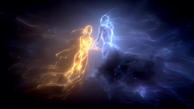Yin Yang, Chinese philosophy, harmony, balance, Taoism. A vivid digital artwork depicts two figures in a dynamic, ethereal setting. The central figure is a woman with flowing hair.