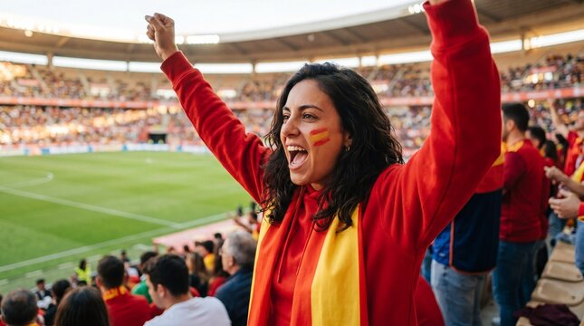 A happy Spanish fan with her face painted with the American flag, cheering for Spain in the World Cup.