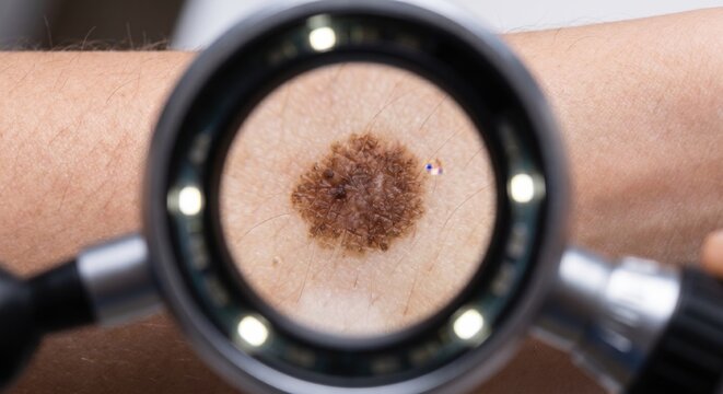 Dermatoscope magnifying a mole on patient skin