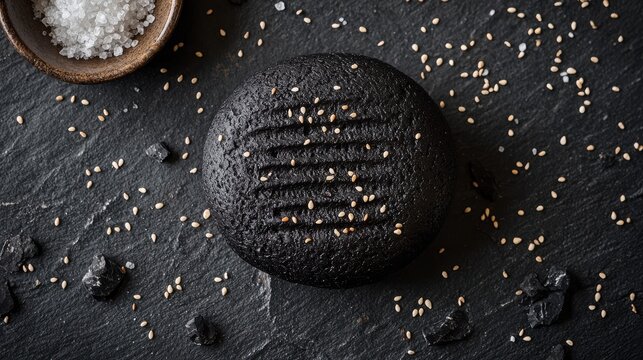 Charcoal bun black artisanal hamburger bread dark slate surface scattered sesame seeds premium restaurant food styling dramatic overhead photography