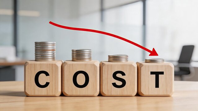 Wooden blocks spelling COST with decreasing coin stacks and red arrow down, illustrating cost reduction, budget cuts, saving money, financial efficiency, expense management, and