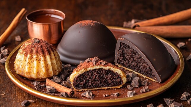 Premium chocolate conchas Mexican sweet bread with rich chocolate filling elegantly presented on golden copper plate with cinnamon and chocolate pieces
