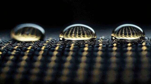 Droplet coalescence macro photography high-magnification textured fabric surface hydrophobic water repulsion merging dynamics spherical droplets golden reflection