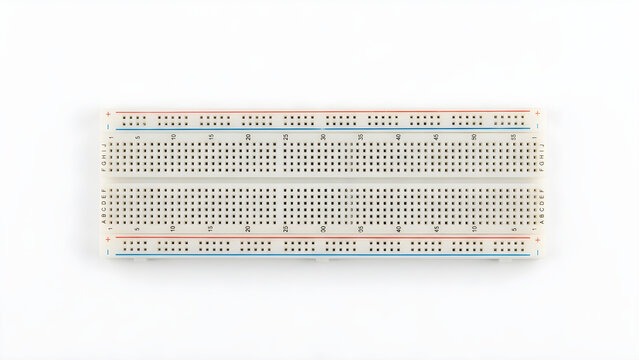 Solderless electronic breadboard isolated on a white background, prototyping board for electrical circuit design and testing