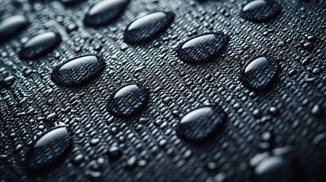 Droplet coalescence macro photography water beads hydrophobic textured fabric surface high magnification spherical tension repellent coating performance