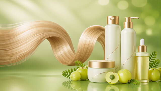 Amla hair care set banner with shampoo, conditioner, hair mask, hair oil and glossy hair. For repair ads, salon branding, beauty websites and product promotion.