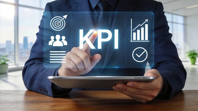 Business executive touching holographic KPI dashboard displaying key performance indicators, analytics charts and target goals on futuristic tablet interface.