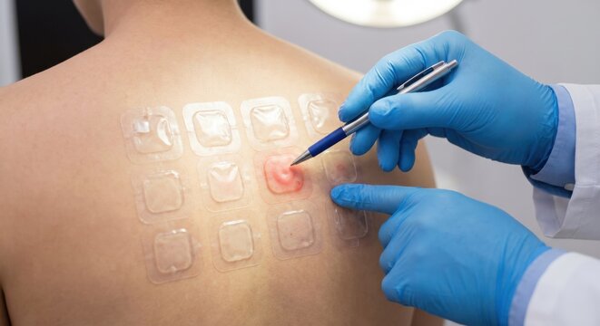 Doctor pointing to positive allergy patch test reaction