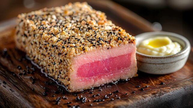 Crushed nuts and sesame seed crusted seared tuna steak with perfect pink center on rustic wooden cutting board with premium aioli sauce