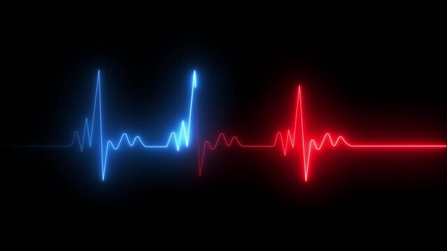   
Glowing neon blue and red color heartbeat rate and pulse line .Neon ECG line animation video on black background. Heart beat. Electrocardiogram. One pulse line.