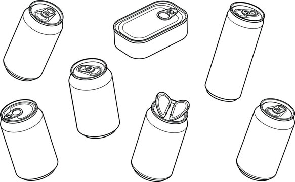 Aluminum Can Packaging Collection Vector Illustration Featuring Beverage Tins and Metal Food Containers in Outline Style