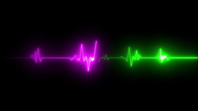   
Glowing neon pink and green  color heartbeat rate and pulse line .Neon ECG line animation video on black background. Heart beat. Electrocardiogram. One pulse line.