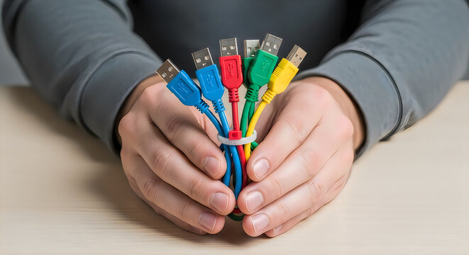 Hands holding colorful USB cables bundled together with a white zip tie on a wooden table