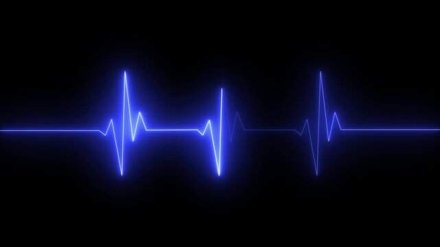   
Glowing neon blue color heartbeat rate and pulse line .Neon ECG line animation video on black background. Heart beat. Electrocardiogram. One pulse line.
