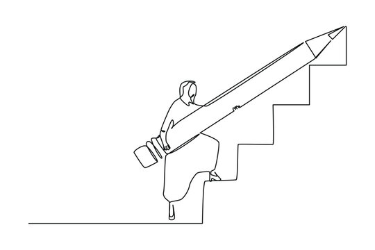 Continuous one line art of young businesswoman use huge pencil to draw rising up stairs, walk climbing up ladder.