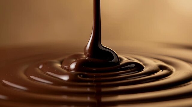Smooth flowing liquid chocolate pouring into a glossy rich chocolate pool with ripples