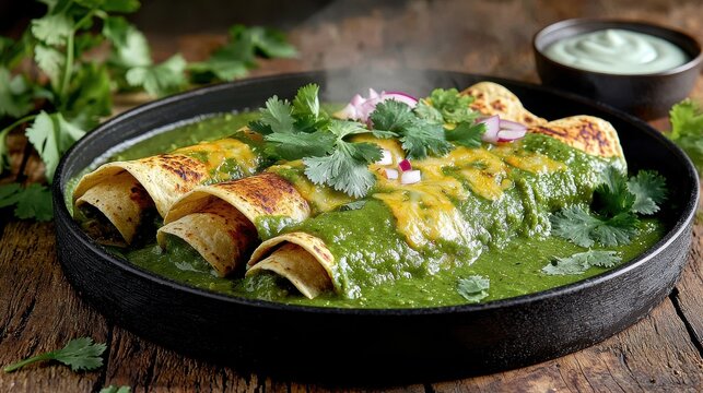 Enchiladas suizas with vibrant green tomatillo sauce and melted cheese on black cast iron skillet, garnished with fresh cilantro and red onions at upscale restaurant