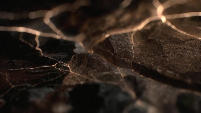 Close-up of glowing cracks over a textured stone surface in macro style on a dark background, concept of energy and tension