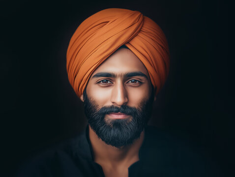 striking studio portrait of handsome indian sikh man wearing bright orange dastar turban and black shirt looking at camera on dark background representing traditional culture and modern identity