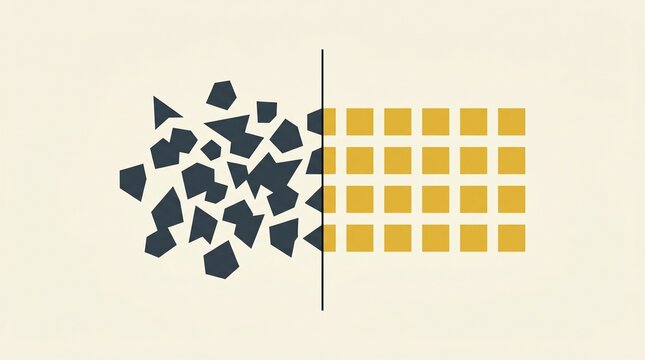 Flat vector illustration of disorganized polygonal shapes transforming into an organized grid of yellow squares representing data processing and order from chaos