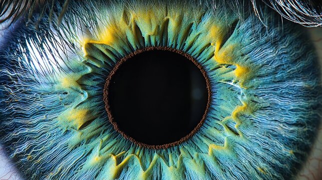 Iris collarette ring blue-green macro eye photography radial patterns fiber structure professional lighting artistic detailed close-up capture