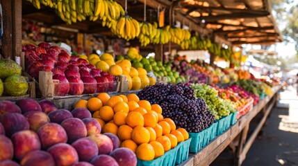Obraz premium A colorful fruit stand displaying a variety of fresh produce under natural sunlight in an outdoor market