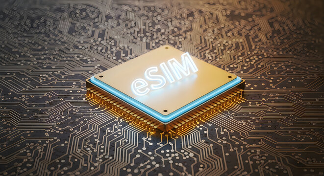 Digital eSIM chip on a circuit board with glowing blue light and intricate connections