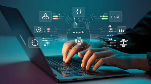 Ai agents concept with digital interface, data processing, and human hands typing on a laptop