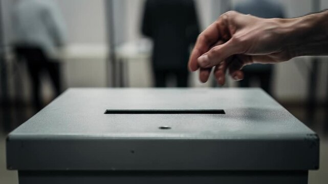 Person casting a vote in a ballot box during an election process with blurred background