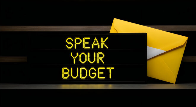 Black light box with yellow LED text saying Speak Your Budget next to a yellow envelope