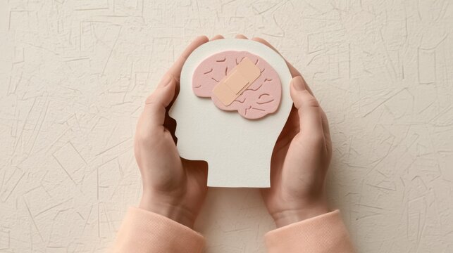 Hands holding paper cutout of human head with brain and adhesive bandage symbolizing mental health recovery and brain injury awareness
