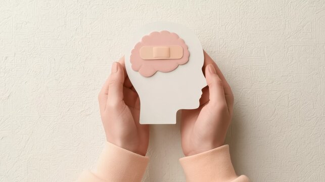 Human hands holding white paper cutout of head with pink brain shape and adhesive bandage symbolizing mental health care and brain injury recovery concept