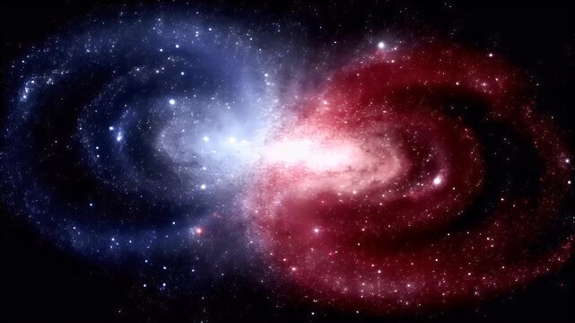 Yin Yang, Chinese philosophy, harmony, balance, Taoism. A vivid depiction of two spiral galaxies in outer space. The left galaxy is a deep blue spiral galaxy with a bright white center.