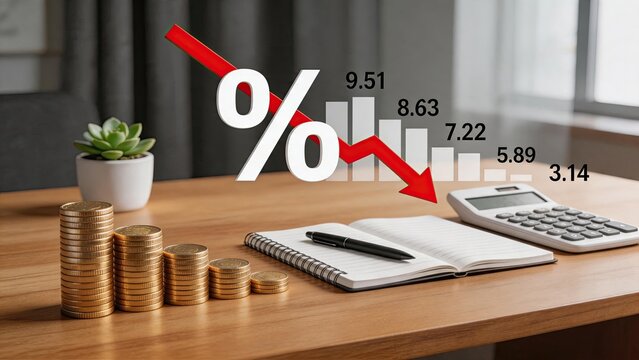 Red arrow indicating falling interest rates on bar graph, calculator and notebook on desk, financial decrease percentage concept, economic downturn analysis, loan rate reduction