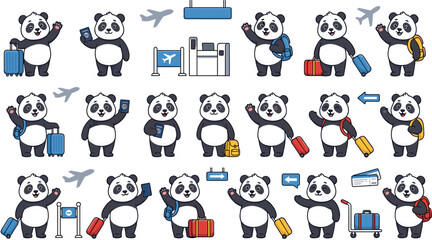 Fototapeta premium Cute Panda Traveler Character Sticker Set with Suitcase, Backpack, Airplane, Passport, Flag, and Airport Travel Poses for Tourism and Kids Designs 