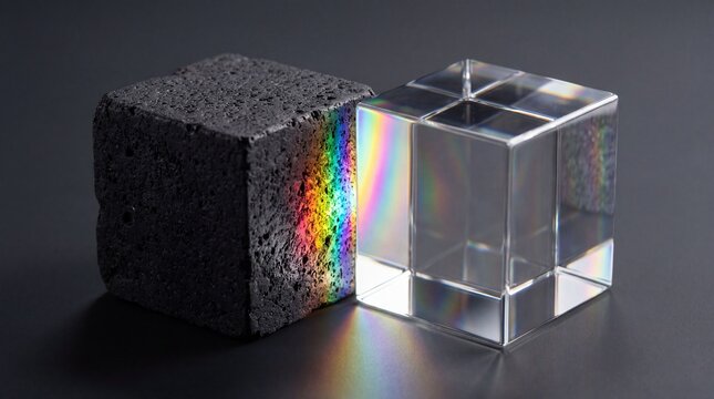 Conceptual macro of clear crystal prism cube refracting rainbow light spectrum onto rough black porous stone