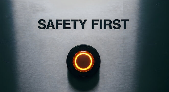 Close up of a brushed metal panel with the words Safety First and a glowing orange button