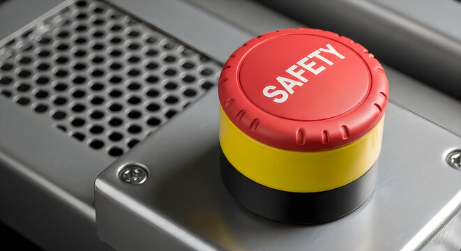 Close up of a red safety button on a metallic industrial control panel