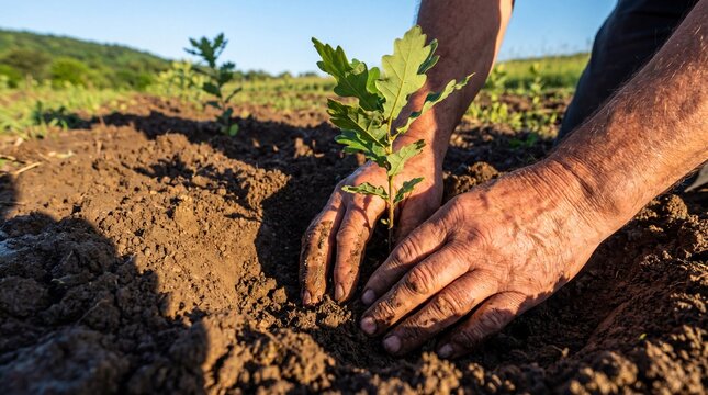 Close up of muddy senior farmer hands gently planting a young green oak sapling in fresh soil during golden hour