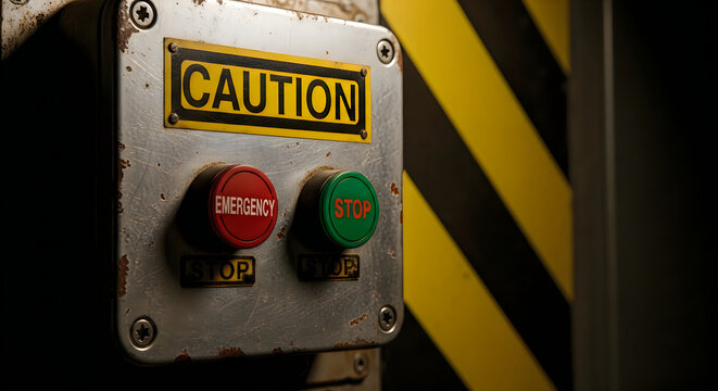 Industrial control box with CAUTION sign and emergency stop and stop buttons