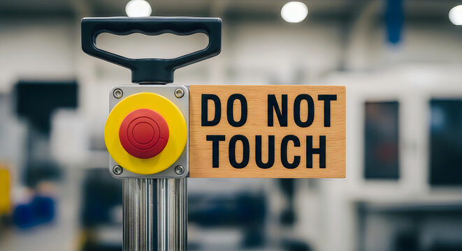 Close up of a large industrial emergency stop button with a DO NOT TOUCH sign