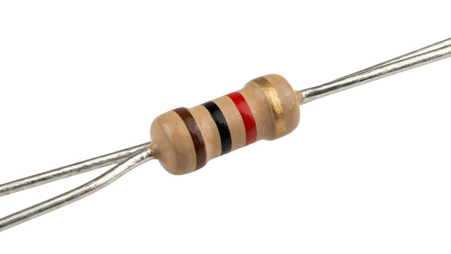 Electronic axial resistor component with color code stripes isolated on a clean white background, passive electrical circuit part