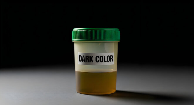 Medical specimen container with dark colored liquid and green lid against dark background