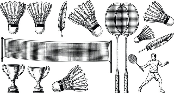 Vintage hand drawn badminton collection featuring shuttlecocks rackets net trophies and player illustration