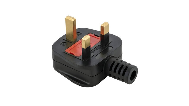 Black United Kingdom type G three pin electrical power plug isolated on a clean white background, domestic power connection hardware