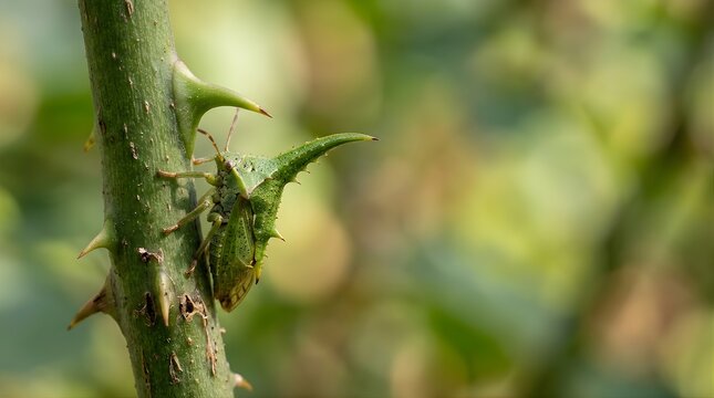 Thorn bug perched on a sharp rose stem in a sunny garden setting