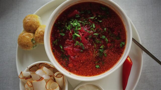 Top down view of a bowl of traditional beetroot soup, garnished with chopped parsley and sour cream