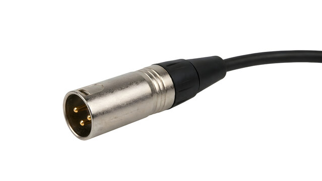 Professional black 3-pin XLR male audio microphone cable connector plug isolated on a white background, sound engineering equipment