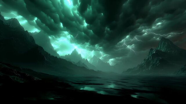 Fantasy wallpaper. A dramatic digital artwork depicts a mountainous landscape under a stormy sky. The sky is filled with dark, stormy clouds, and a bright flash of lightning illuminates the scene.