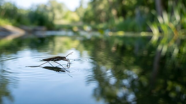 Water strider walking on pond surface creating ripples in summer light